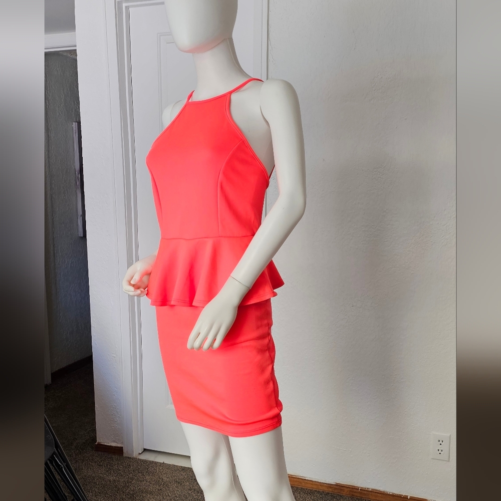 Pink Ruffled Peplum Halter Dress M Coral